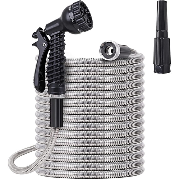 100 FT Garden Hose ,304 Stainless Steel Heavy Duty Water Hose with 7 Function Nozzles No-Kink Rust Proof for Yard Outdoor