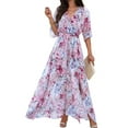 thumbnail image 2 of Women Half Sleeve Wrap V Neck Chiffon Floral Casual Maxi Dress Spring Summer Wedding Guest Dresses for Women Pink L, 2 of 9