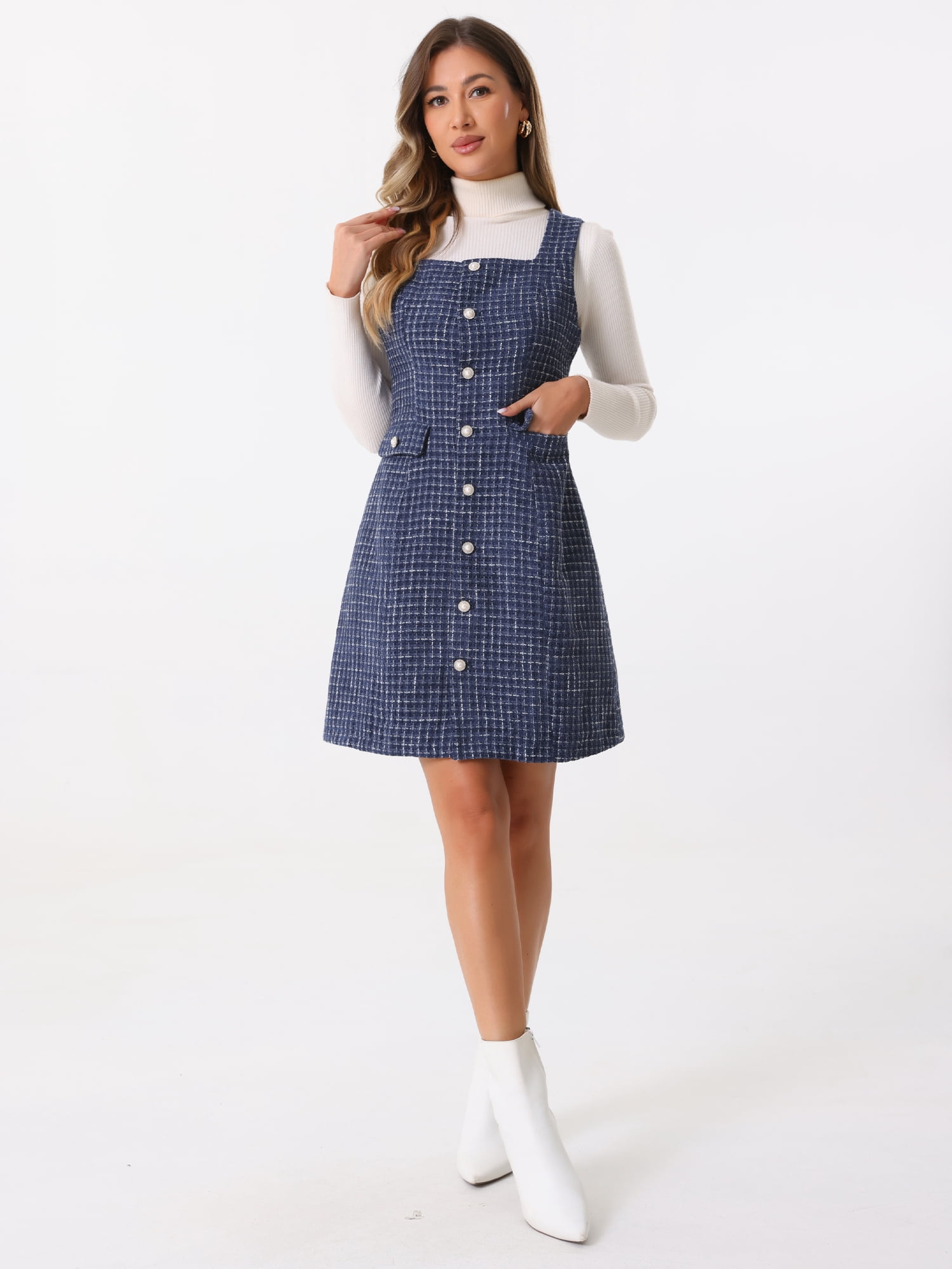 DARING DIVA Women's Tweed Square Neck A Line Pinafore Dresses XS Navy Blue