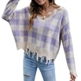 thumbnail image 1 of Suéter rasgado a cuadros con cuello en V y manga larga suelta, jersey de punto, tops Irfora Morado/Grande, 1 of 7