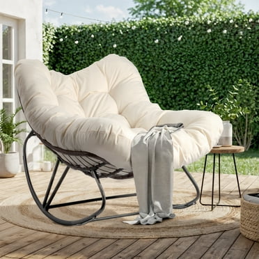 Ktaxon Oversized Rattan Papasan Chair, Outdoor Steel Wicker Rocking Seating with Thick Padded Cushion for Patio, Living Room, Backyard, Porch(Brown Wicker & Beige Cushion)