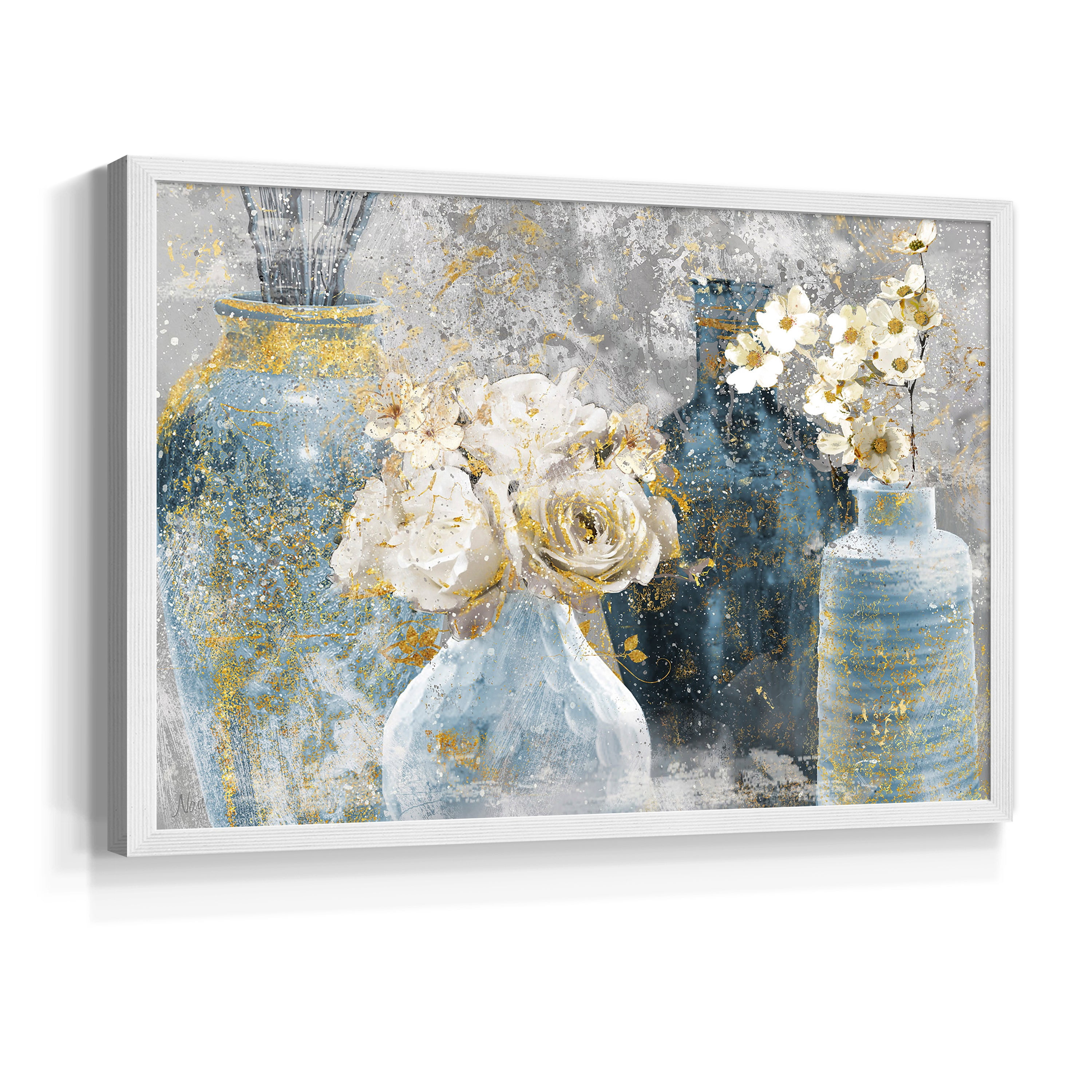 Vessels and Blooms Blues by Nan - Restickable Framed Giclée Print