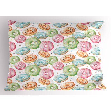 Flavored Sprinkle - Watercolor Pillow Sham Sweet Delicious Donuts Pattern with Various Flavors Sprinkles Stars Background, Decorative Standard Size Printed Pillowcase, 26 X 20 Inches, Multicolor, by Ambesonne