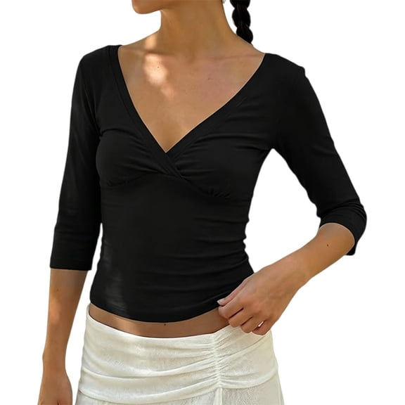 QASIEATN Womens 3/4 Sleeve Deep V Wrap Neck Ruched Crop Tops Summer Open Back Tshirt Slim Fit Classic Blouse Tee Fall Fashion Outfits