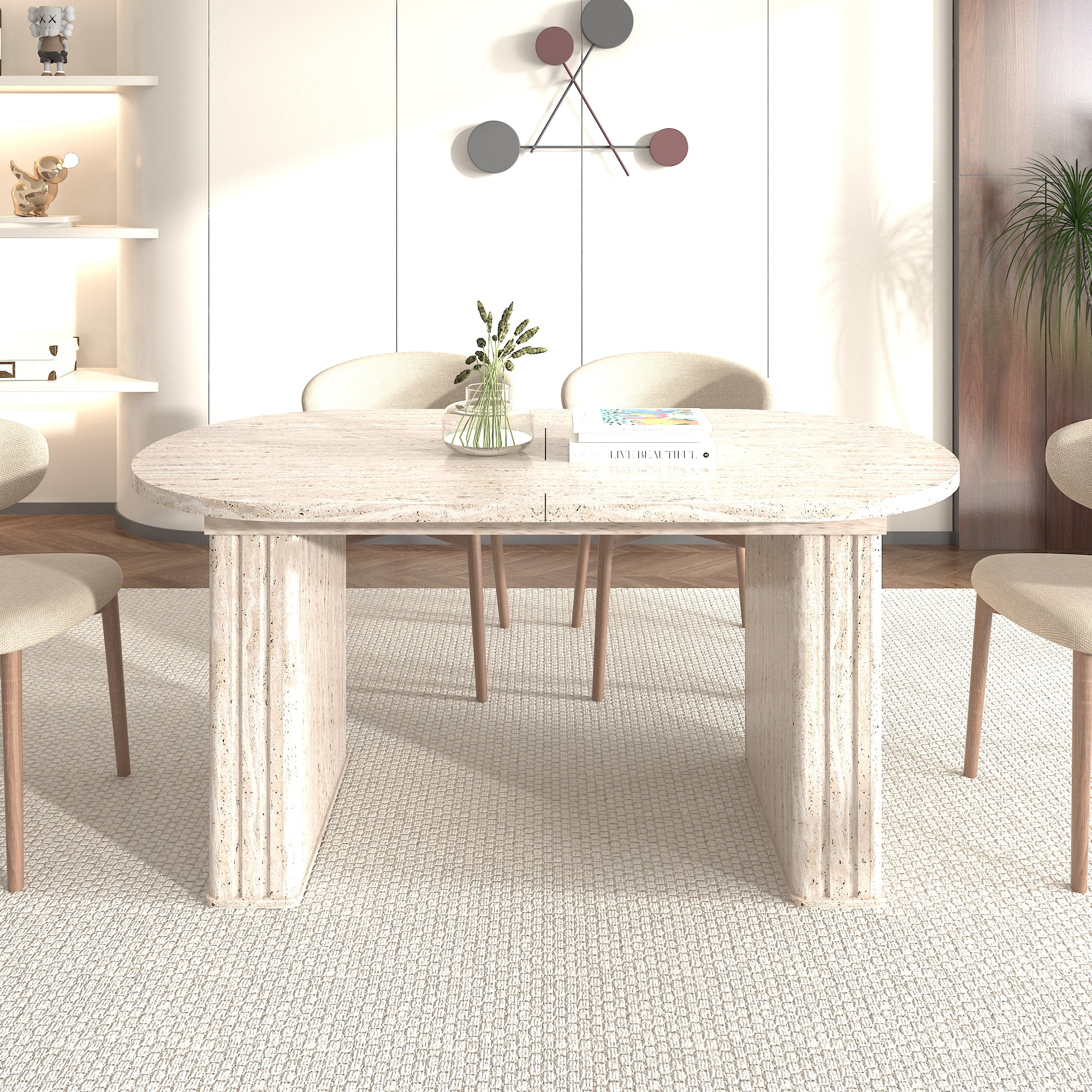 Extendable Oval Dining Table for 4-8 People, Travertine-Inspired Kitchen Table with Wooden Strip Base, Beige MDF Expandable Table for Family Living Room