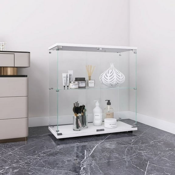 Holaki Two-door 2 Shelves Glass Display Cabinet with Door, Floor Standing Curio Bookshelf for Living Room Bedroom Office, 33.35"x 31.69"x 14.37",White