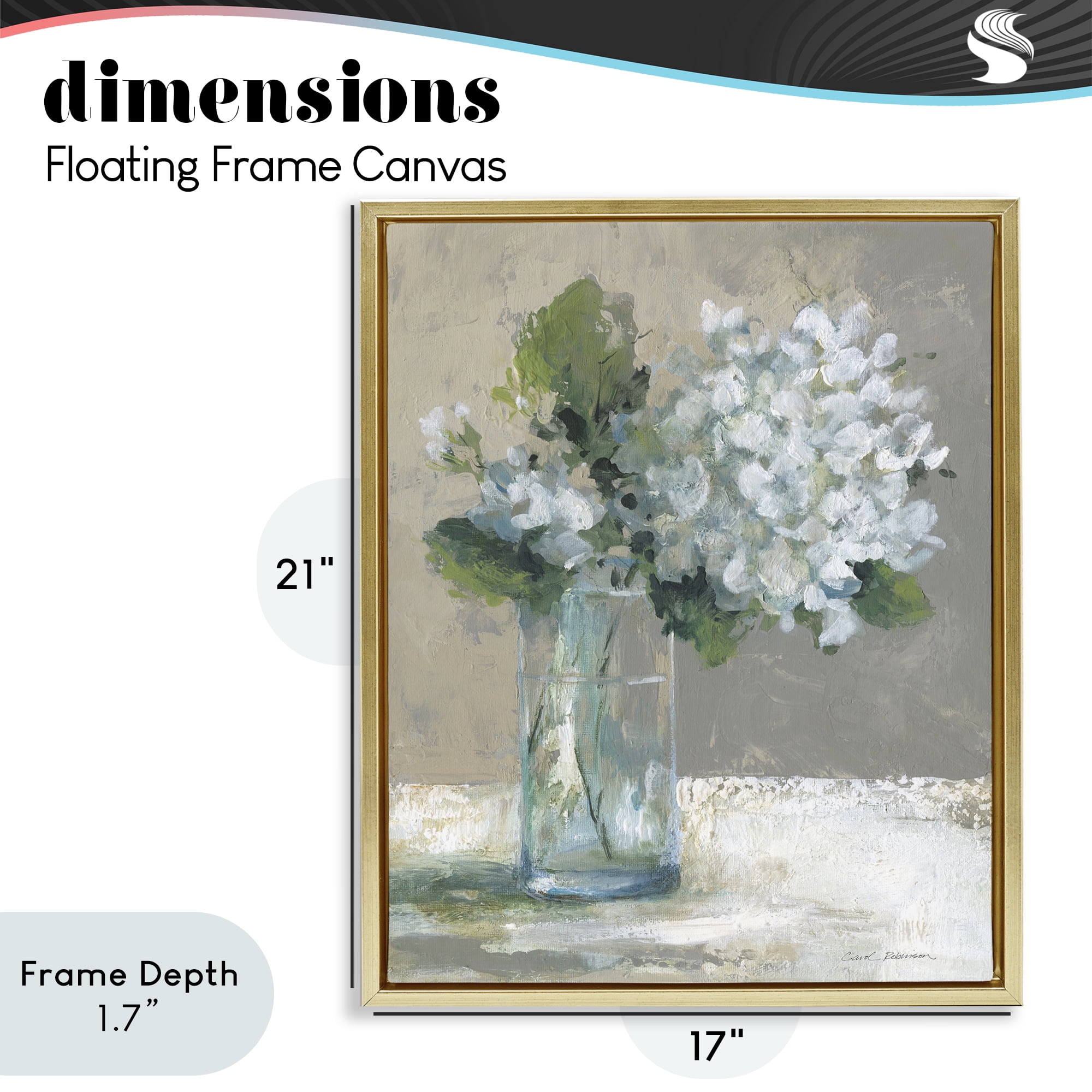 Stupell Industries Serene White Hydrangeas in Glass Gold Framed Floater Canvas Wall Art, design by Carol Robinson