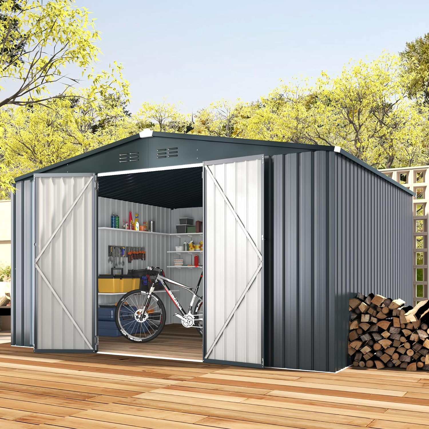 AECOJOY 12' x 10' Outdoor Storage Shed with Lockable Door Patio Metal Garden Storage Building in Dark Gray for Outside