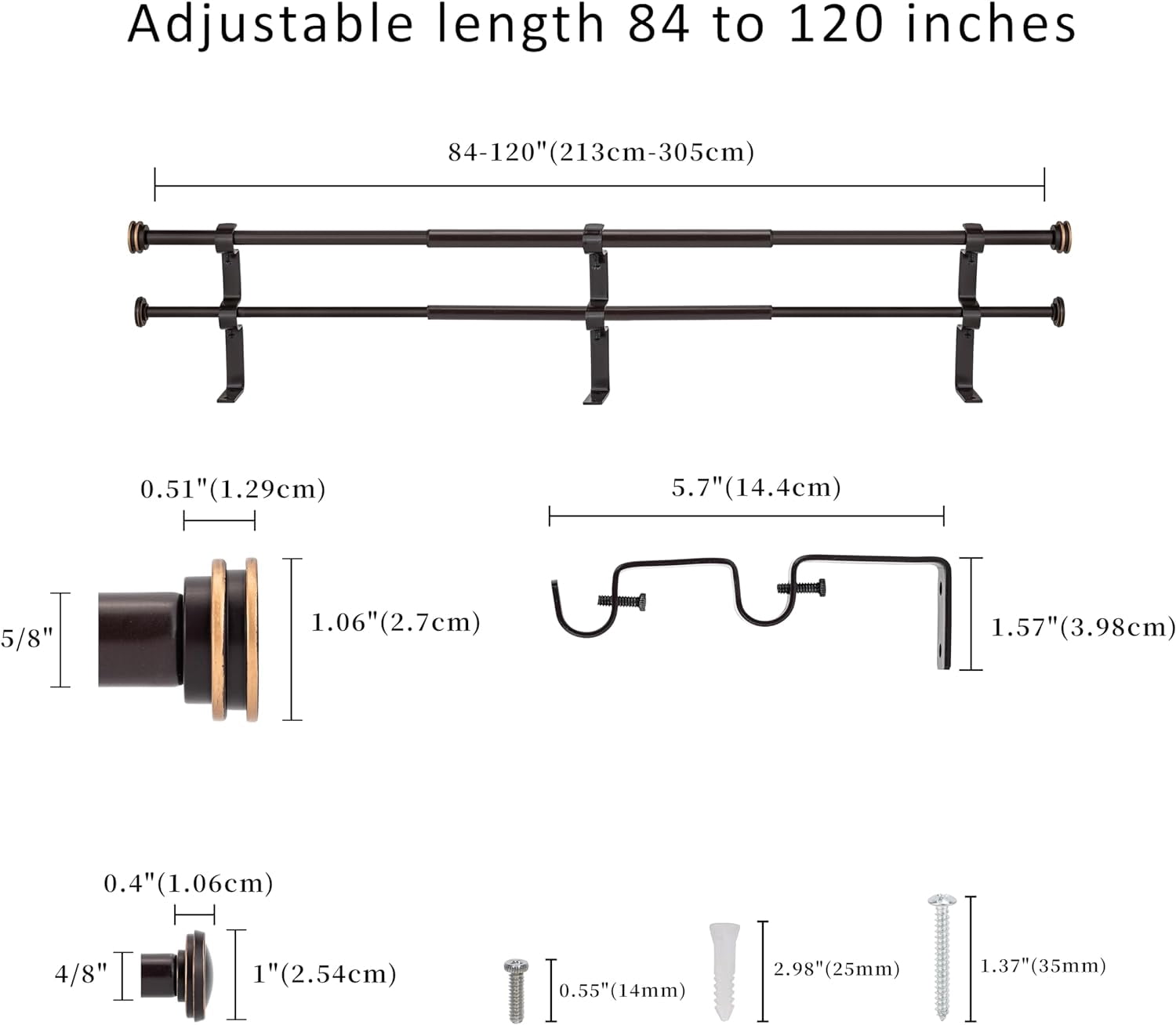 eTeckram 5/8" Double Curtain Rod with Nerveux Finials,Bronze Gold,84‘’-120‘’