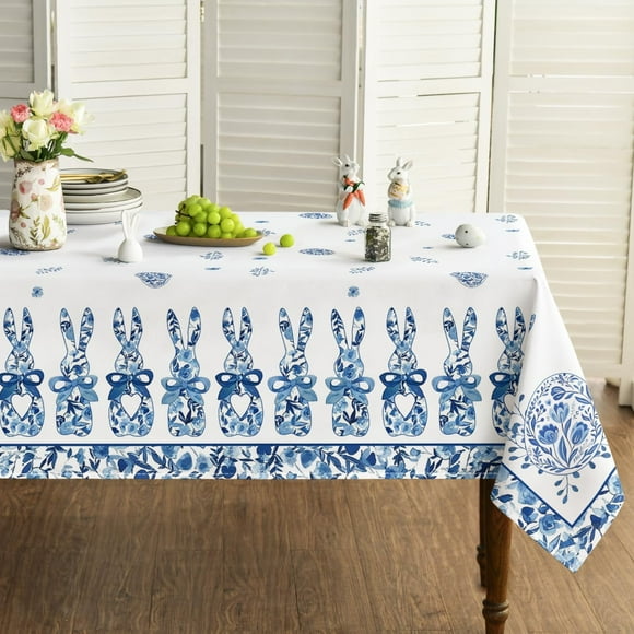 Easter Tablecloth 60×84 Inch Rectangular, Spring Carrots Bunny Blue White Porcelain Washable Seasonal Table Cover for Party Picnic Dinner Decor