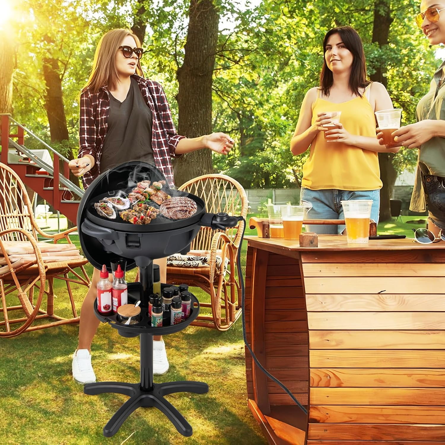 Electric Grill Outdoor, 1200W Electric BBQ Grills with Lid & Thermometer, Nonstick Griddle, Drip Tray, 2-in-1 Freestanding & Tabletop Grill for Apartments Backyard Party