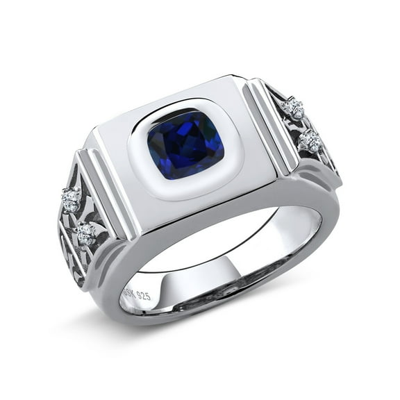 Gem Stone King 2.58 Ct Cushion Blue Created Sapphire White Topaz 925 Silver Men's Ring (Size 12)