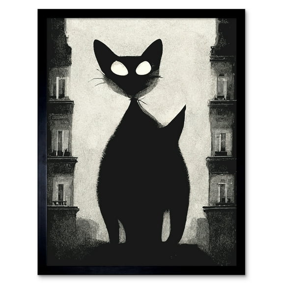 Giant Black Cat Le Chat Noir City Monochrome Illustration Art Print Framed Poster Wall Decor 12x16 inch