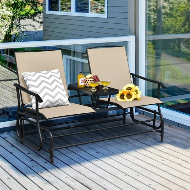Silla Mecedora Planeadora de Jardín Costway para 2 Personas con Mesa de Cristal Templado Beige 145 x 70 x 95 cm