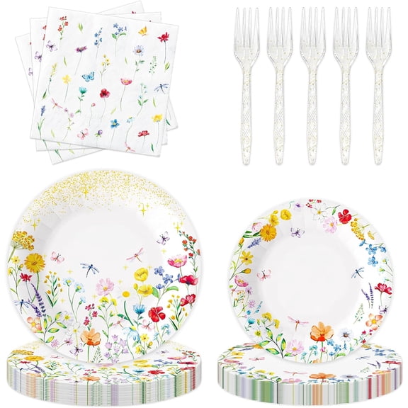 100 Pcs Wildflower Plates Napkins Forks Set, Disposable Floral Tableware Set Party Supplies