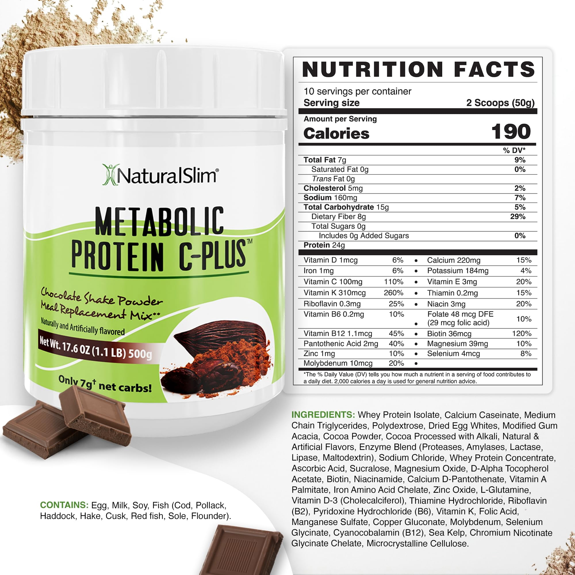 NaturalSlim Metabolic Protein C-Plus - Whey Protein Shake Powder Chocolate, 10 Servings