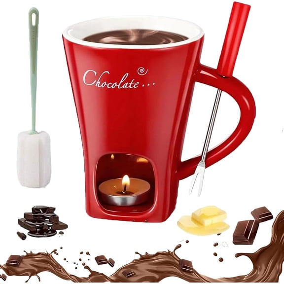 Chocolate Fondue Mug, Ceramic Fondue Cup with Fork & Tealight Candles,Personal Fondue Mug for Melting Chocolate, Cheese & Butter, Perfect for Date Nights, Parties & Cozy Desserts