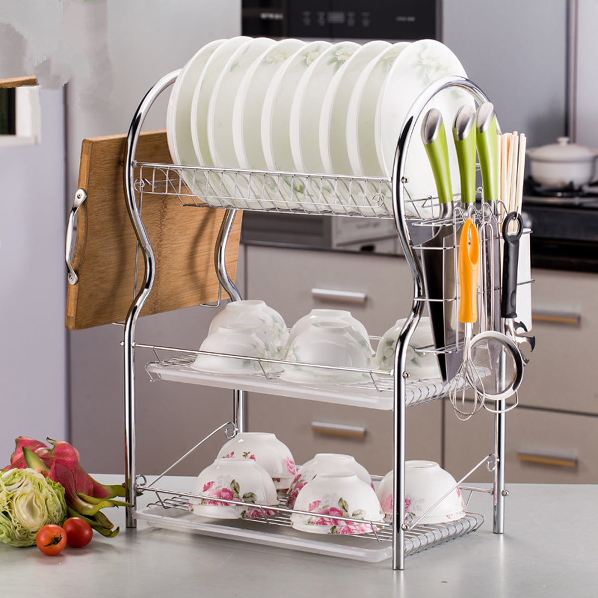 3 Tier Stainless Steel Dish Rack Kitchen Cutlery Storage Drainer Drying Tray Set 