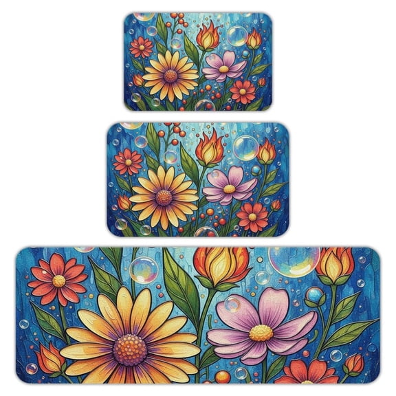 RKSupls Kitchen Rug Set 3 Piece Anti-Slip Flannel Floor Mats, Sunflower Washable Absorbent Runner Mats for Kitchen Bathroom Home Decor