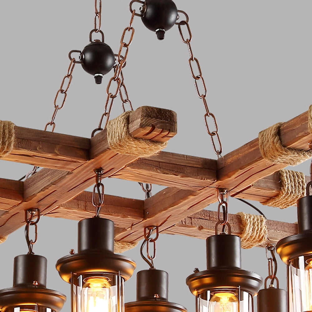 Rustic Wood Pendant Light Wooden Light Fixtures, 8 Lights Height Adjustable Farmhouse Chandelier Vintage Pendant Hanging Ceiling Lamp for Dining Table, Vintage Kitchen, Bar, Island, Billiard