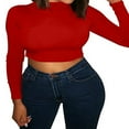 thumbnail image 2 of Womens Long Sleeve Mock Neck Slim Fit Crop Stretchy Blouse Tee Blue L, 2 of 5