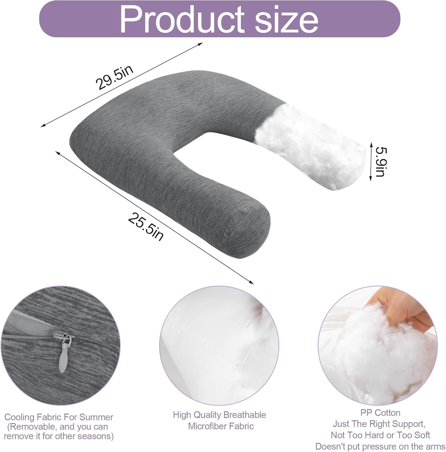 Cooling U Shaped Pillow for Neck, Contour Shoulder Pillow for Side Sleepers, Ergonomic Body Pillows for Adults, Hug Pillow with Washable Cover for Back, Shoulder Pressure Reduce (Dark Grey)