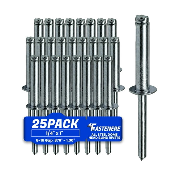 Fastenere Pop Rivets 1/4" x 1" (25 pcs) Aluminum Body Steel, Mandrel, Heavy Duty, Open End, Low Carbon, Dome Head Blind Rivets, Corrosion Resistant & High Shear Strength, 8-16 Gap .876" - 1.00"