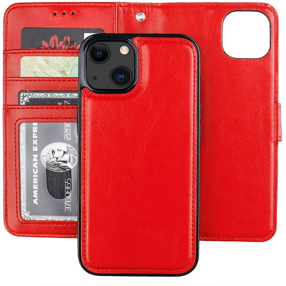 Detachable Wallet Case for iPhone 13 RFID Blocking Card Slots Holder Premium PU Leather Magnetic Kickstand Shockproof Wrist Strap Removable Flip Protective Cover 5G 6.1 inch (Red)