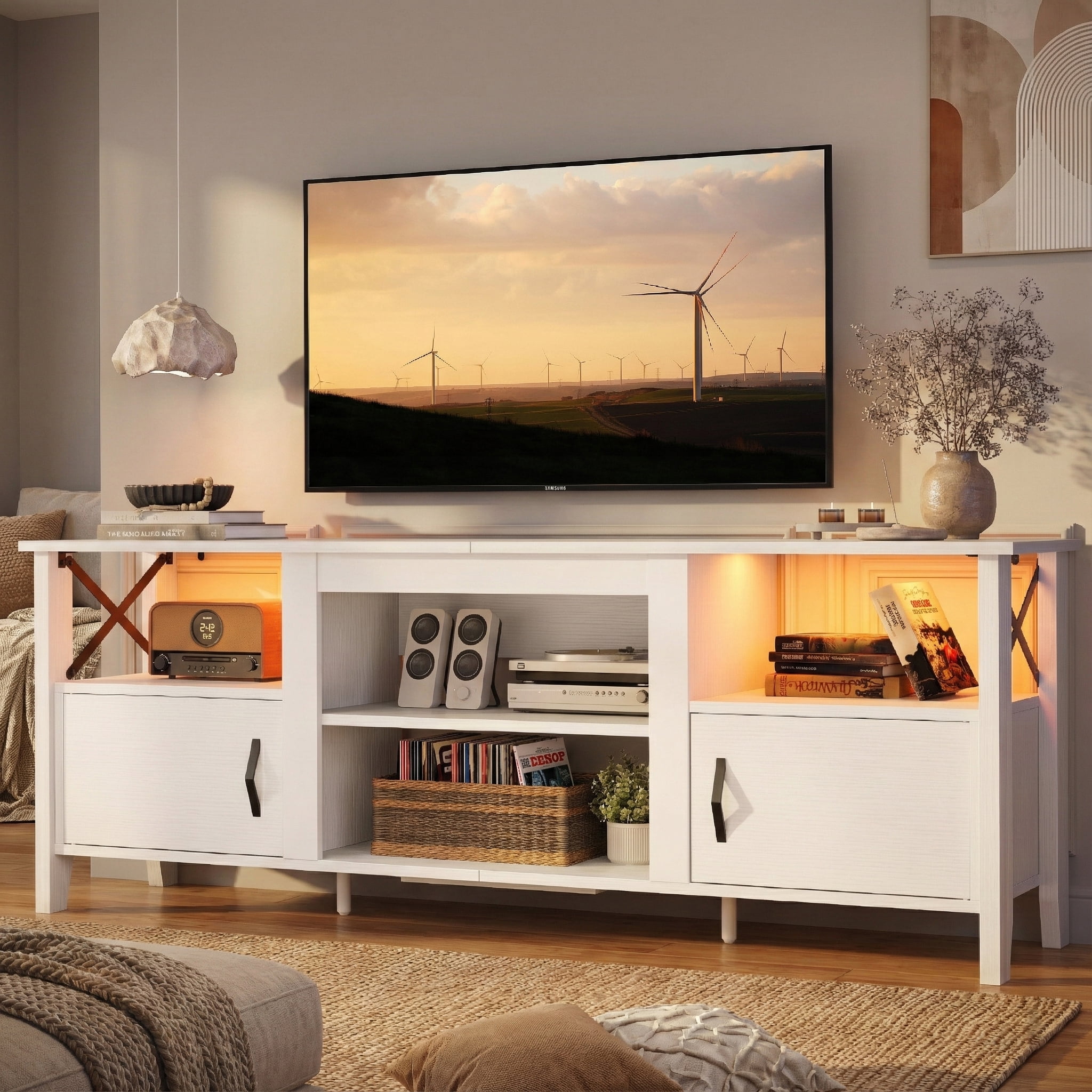 Bestier LED TV Stand for 65 inch TV Entertainment Center for TVs with Storage Cabinet in White