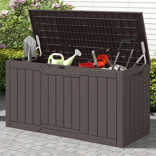 DEXTRUS 80 Gallon Outdoor Resin Deck Box with Side Handles, Weatherproof & Lockable Patio Furniture Storage, Dark Brown