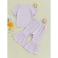 thumbnail image 5 of Musuos Toddler Girl Summer Outfits 1-5T Short Sleeve Ribbed Knit Tops T-Shirts Solid Color Elastic Waist Flare Pants 2Pcs Clothes Set, 5 of 10