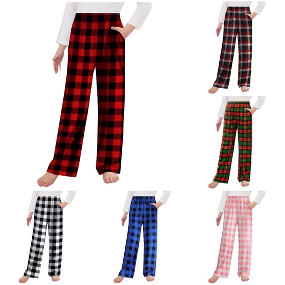 CUZIBR Kids Girls Plaid Wide Leg Pajama Pants Elastic Waist Loose Sleep Trousers With Pockets Soft Lightweight Holiday Loungewear Relaxed Summer Fall Dailywear,Red,8-9 Years