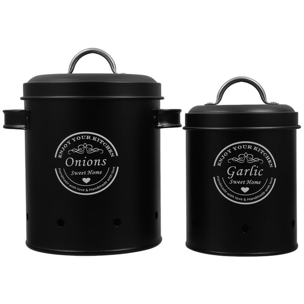 Latas de almacenamiento de verduras con tapa, juego de 2 frascos de metal para cebolla, ajo, patatas, botes de cocina, recipientes para verduras con orificios de ventilación, color negro