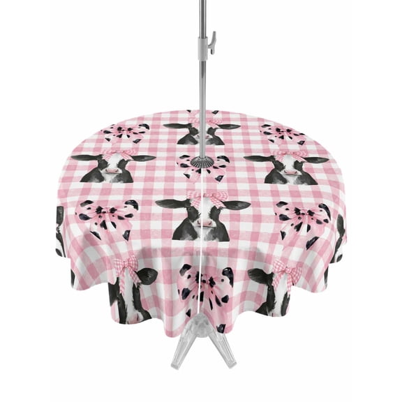 Outdoor Tablecloth with Umbrella Hole for Patio/Picnic/Party/Camping, Cute Bow Cow Waterproof Table Cloth Round Cover Washable, Pink Buffalo Plaid Farmhouse Cute Animals (Dia 60")