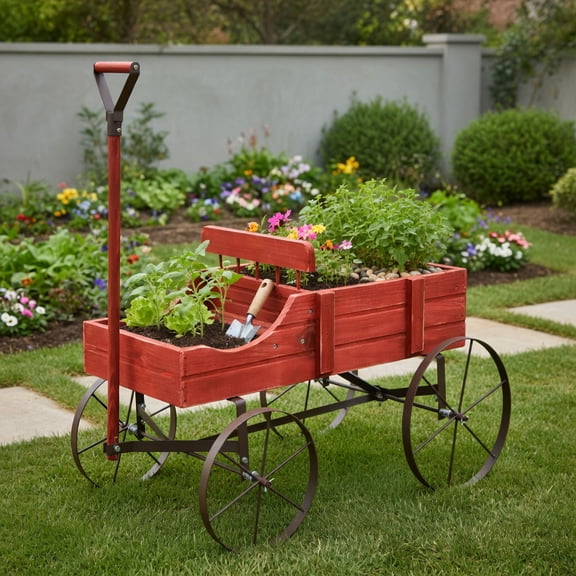 Topcobe Wooden Wagon Plant Bed With Wheel for Garden Yard, Planters for Outdoor Plants, Raised Planter Box, Red