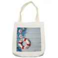 thumbnail image 1 of Buoy Tote Bag, Welcome on Board Message on Lifebuoy with Fishing Net Seashell Wood Floor of Boat, Cloth Linen Reusable Bag for Shopping Books Beach and More, 16.5" X 14", Cream, by Ambesonne, 1 of 2
