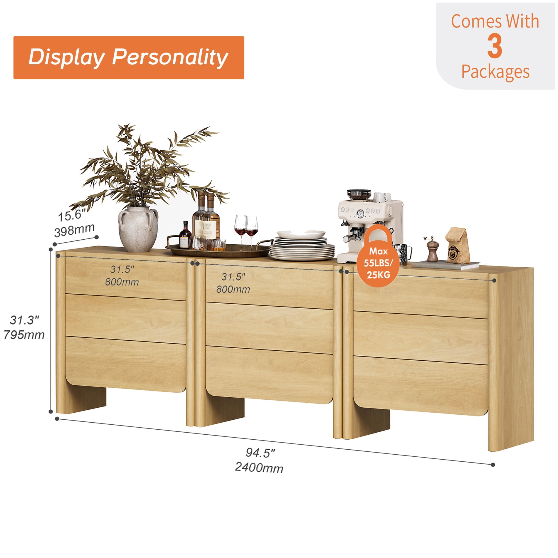 Modern French TV Stand, 94.5-Inch 3-Piece Media Console with 9 Push-to-Open Drawers, Supports TVs up to 105 Inches, Oak