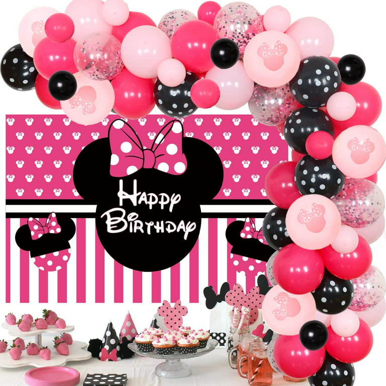 Minnie Mouse Themed Birthday Party Supplies Rose Red Pink Black Balloon Garland Arch Kit with Minnie Happy Birthday Backdrop for Girls 1st 2nd 6