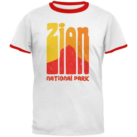 National Park Retro 70s Color Bars Zion Mens Ringer T Shirt White-Red LG