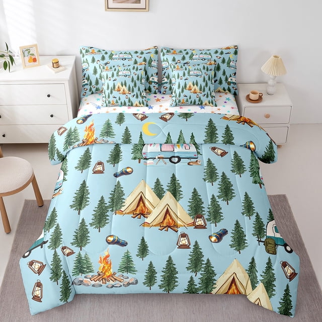 Erosebridal Camper Bedding Sets King Size, Cartoon RV Car Comforter Sets with Sheets, Happy Camping Decor, Reversible 7pcs