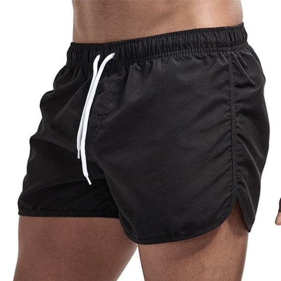 Summer Low-rise Elastic Waistband Drawstring Beach Surfing Shorts Breathable Side Irregular Trim Men Swimwear Shorts-Black,M