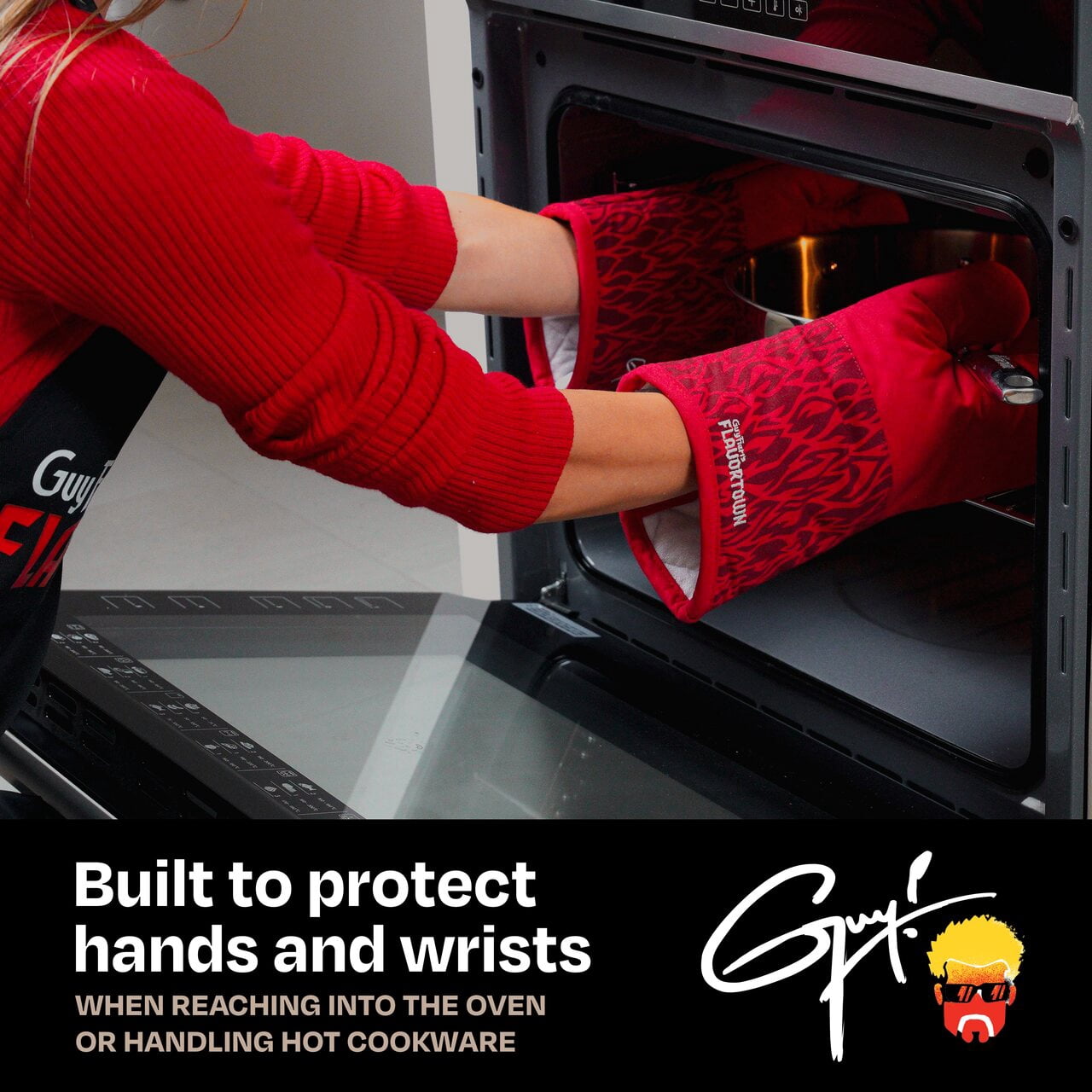 Guy Fieri's Flavortown Kitchen Essentials Bundles, Red Flame 4-Piece Set, 2 Oven Mitts & 2 Pot Holders, High Heat Resistant up to 450°F