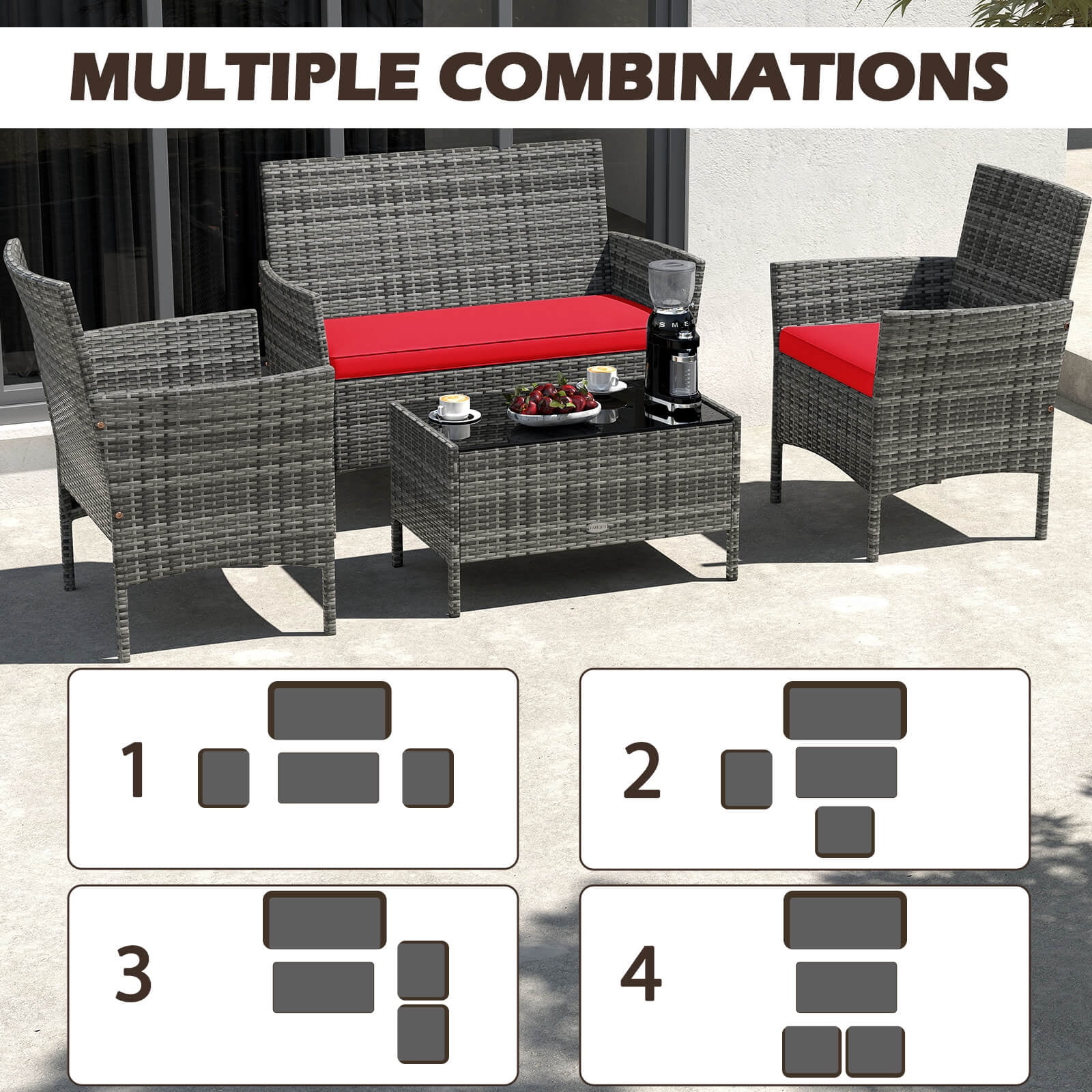 Costway 8 PCS Patio Furniture Set with Washable Cushions and Tempered Glass Coffee Table