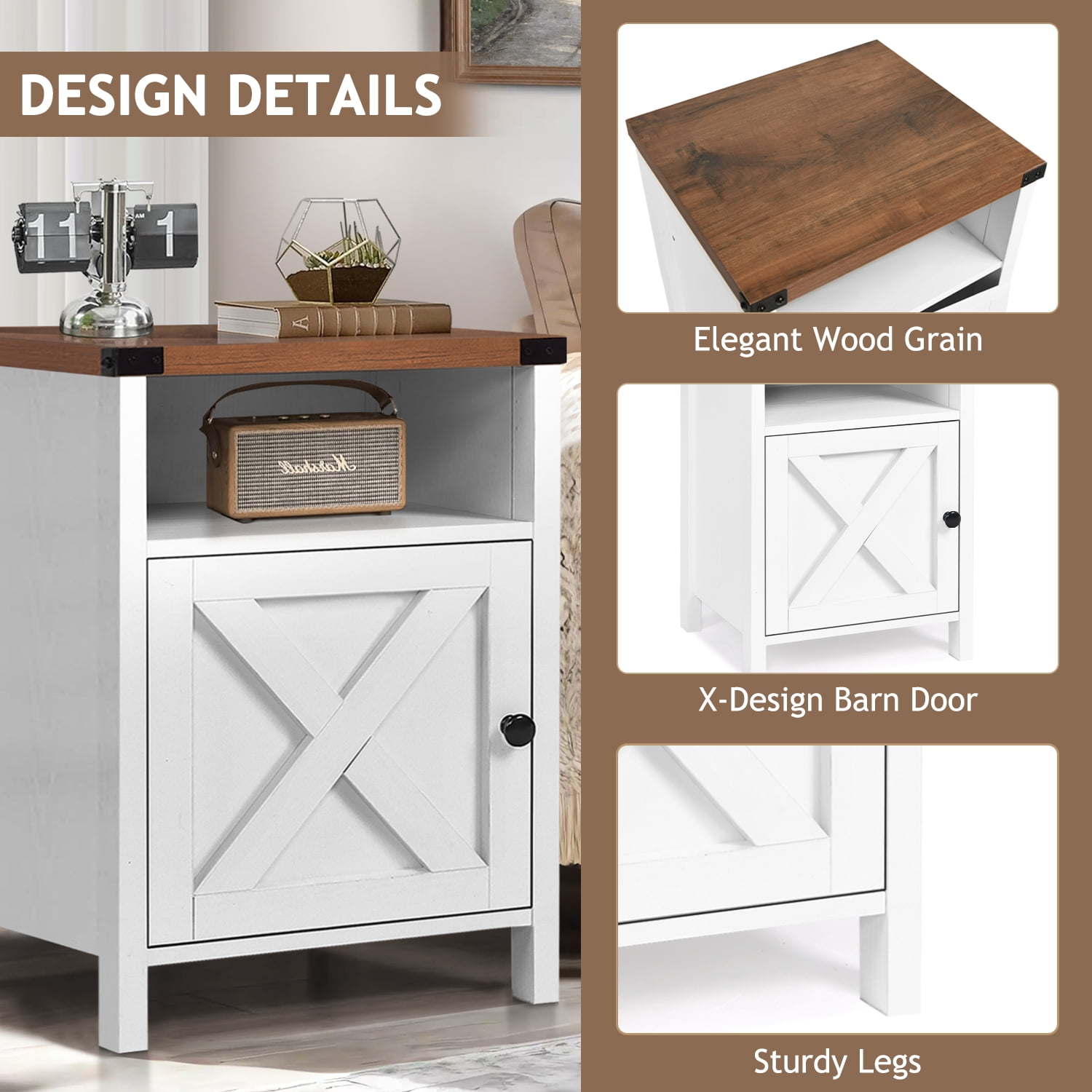 4 Ever Farmhouse End Table Set of 2, White Nightstand for Bedroom