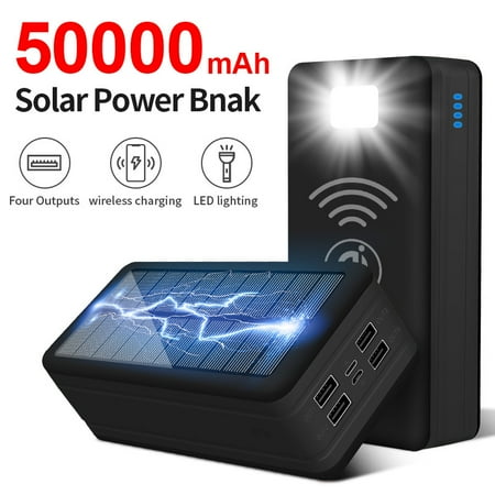 50000mAh Solar Power Bank Magnetic Wireless Super Fast Charge 4USB 2.1A Solar Charging Powerbank Portable Battery for Xiaomi for IPHONE (Black 50000mAh)