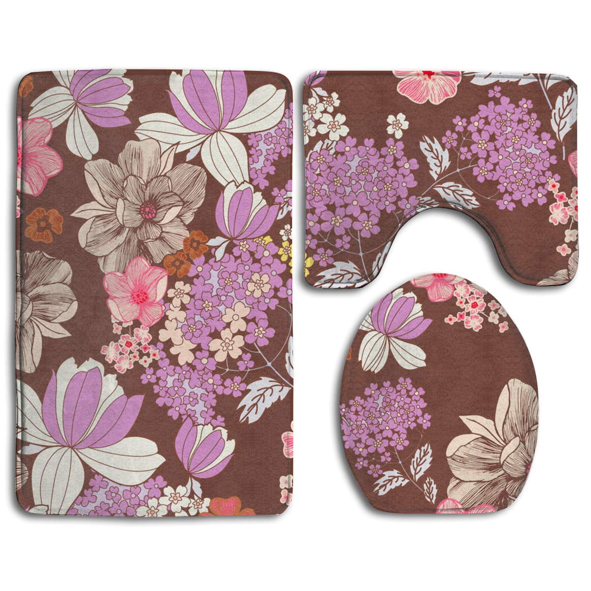 GOHAO Pink Purple Flowers 3 Piece Bathroom Rugs Set Bath ...