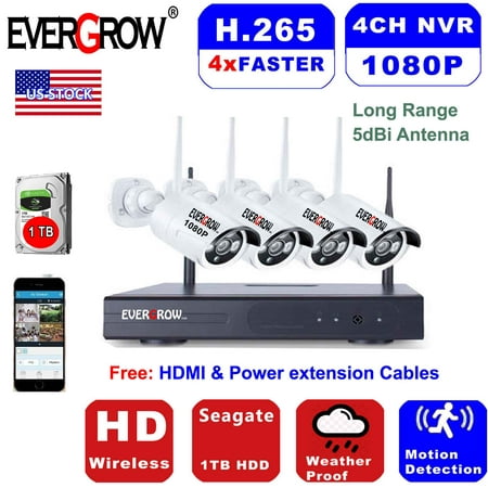 H265 4CH Full 1080p Wireless Kit 2MP WIFI Security IP Camera CCTV System 1080P