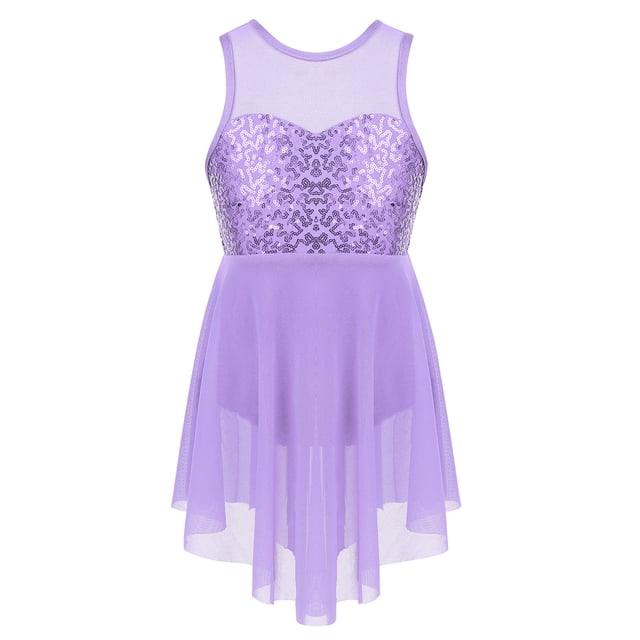 LiiYii Robe de Danse Lyrique à Paillettes pour Filles, Justaucorps Sans Manches à Dos en X, Jupes en Mousseline, Robes de Ballet Lavande 10