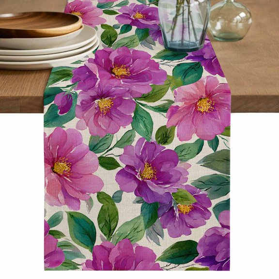 Table Runner 108 Inches Long for Kitchen Dining, Purple Flowers Dresser Scarf Farmhouse, Dining Table Decorations for Wedding/Parties, Spring Watercolor Floral Leaves Botanical Beige 13 x 108 In