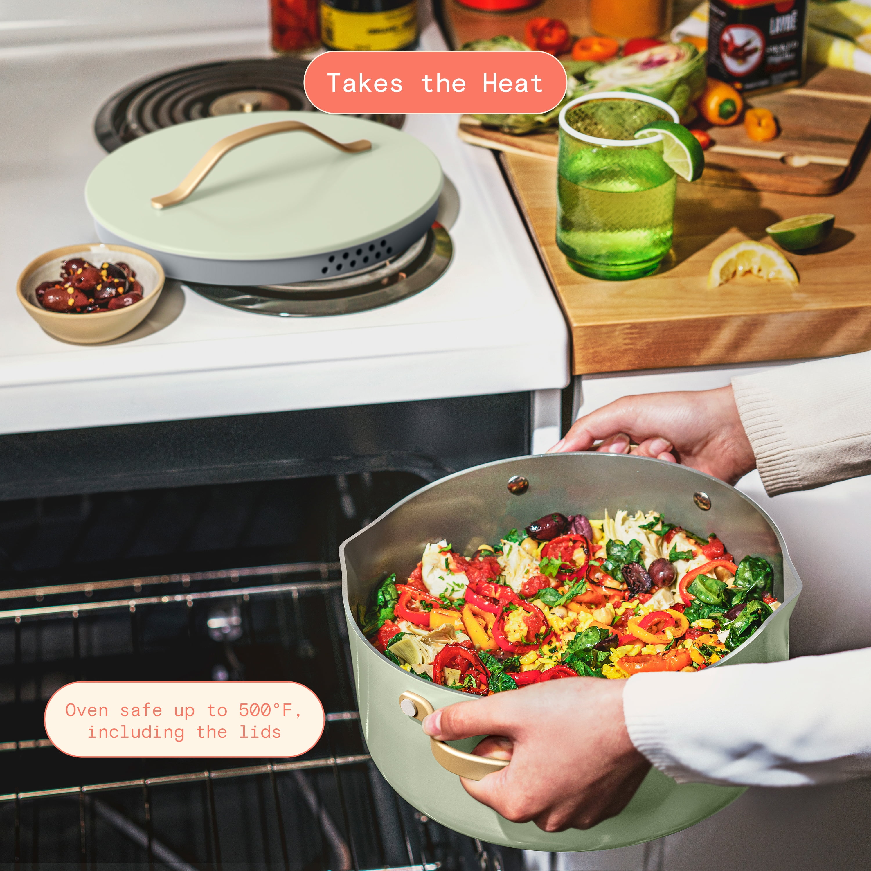Beautiful 12-Piece Ceramic Nonstick Cookware Set, Pots and Pans with Strainer Lids, Sage Green by Drew Barrymore